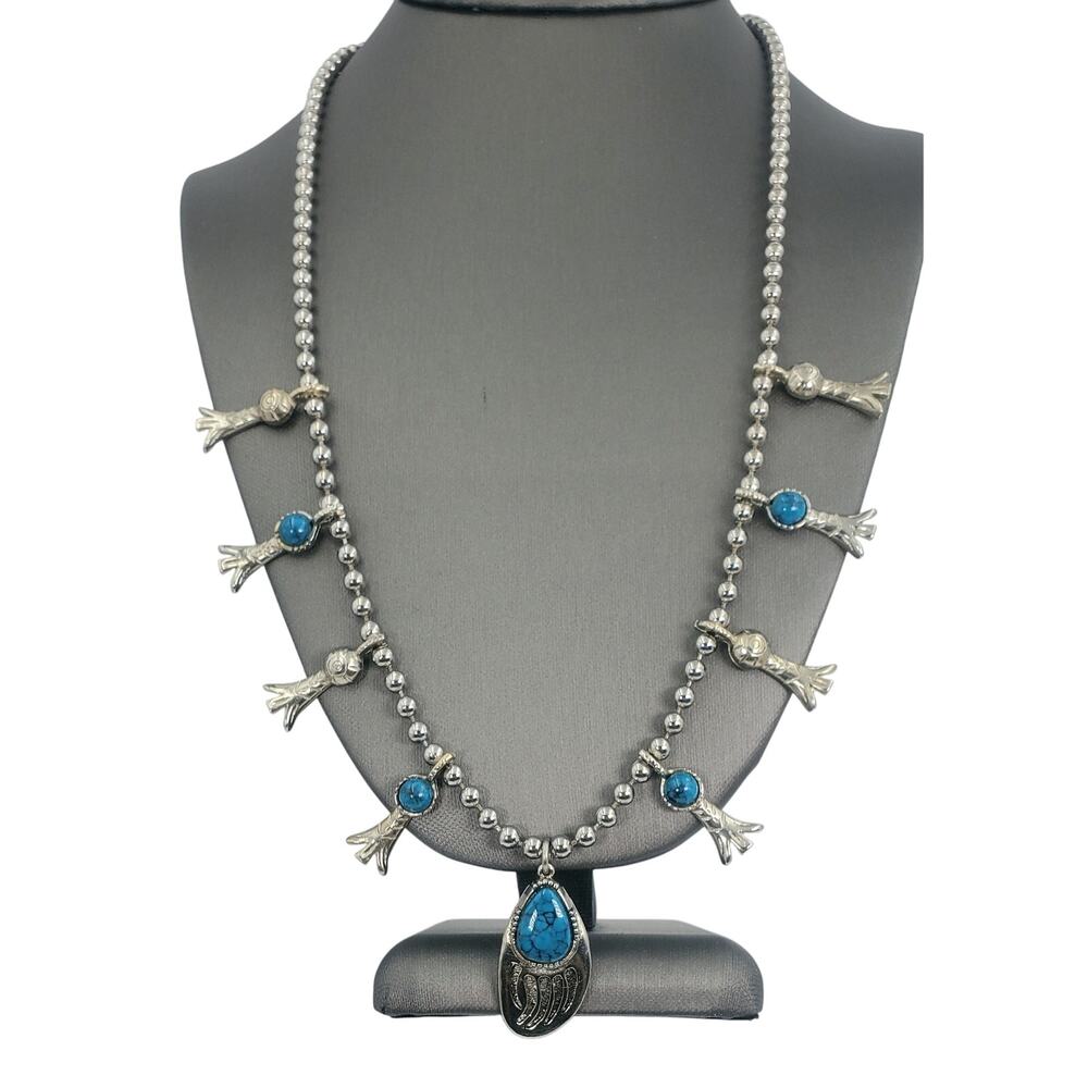 Vintage Bear Claw and Squash Blossom Faux-Turquoise Southwest-Style Necklace